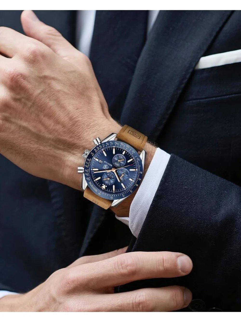 Mens Brown Blue Analog Silicone Strap Chronograph Luminous Designer Casual Watch